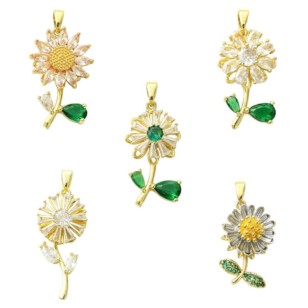 2050 5 pcs 5 Styles Sunflower Theme Brass Cubic Zirconia Charms Spring